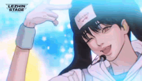 A Cartoon Of A Girl Wearing A Hat And A Microphone Making A Heart Shape With Her Hands . GIF