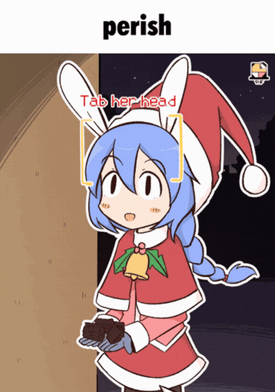 A Cartoon Of A Girl Wearing A Santa Hat And Holding A Brownie Says Perish Tab Her Head GIF