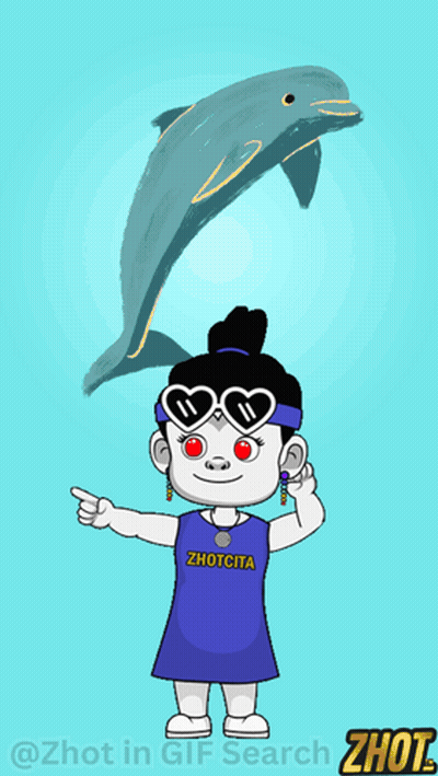 A Cartoon Of A Girl Wearing A Shirt That Says Zhotcita Pointing To A Dolphin GIF