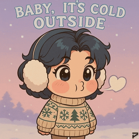 A Cartoon Of A Girl Wearing Ear Muffs And A Sweater That Says " Baby It 'S Cold Outside " GIF