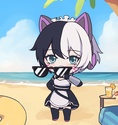 A Cartoon Of A Girl Wearing Sunglasses And Headphones On A Beach GIF