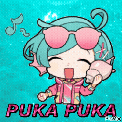 A Cartoon Of A Girl Wearing Sunglasses And Holding A Seashell With The Words Puka Puka On The Bottom GIF
