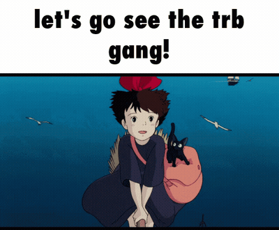 A Cartoon Of A Girl With A Black Cat On Her Back And The Words Let 'S Go See The Trb Gang GIF