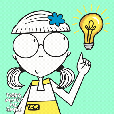 A Cartoon Of A Girl With A Light Bulb Above Her Head And The Words Flora Makes Me Smile GIF