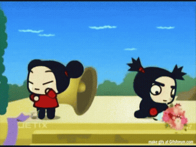 A Cartoon Of A Girl With A Megaphone And Another Girl With Flowers GIF