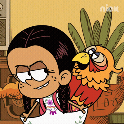 A Cartoon Of A Girl With A Parrot On Her Shoulder With The Nick Logo On The Bottom GIF