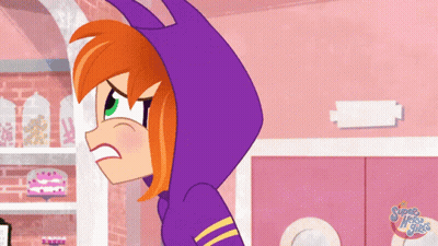 A Cartoon Of A Girl With A Purple Hoodie And The Words Super Heroes Girls On The Bottom GIF
