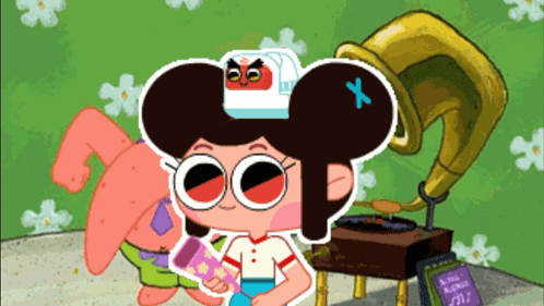 A Cartoon Of A Girl With A Sticker On Her Head That Says ' X ' GIF