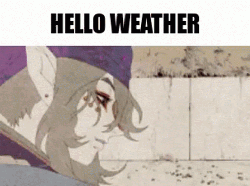 A Cartoon Of A Girl With Blood On Her Face And The Words `` Hello Weather '' Written On The Bottom . GIF