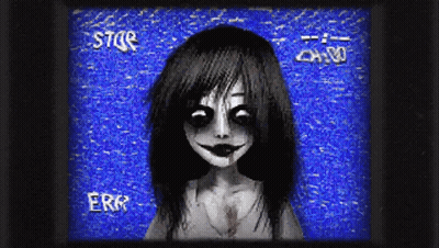 A Cartoon Of A Girl With Blood On Her Face Is On A Screen With A Blue Background And The Words Error And Stop On It GIF