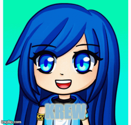A Cartoon Of A Girl With Blue Hair And The Name Krew On It GIF