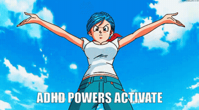 A Cartoon Of A Girl With Blue Hair And The Words " Adhd Powers Activate " Below Her GIF
