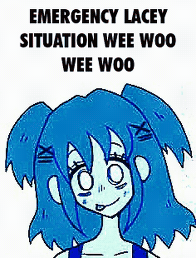 A Cartoon Of A Girl With Blue Hair And The Words `` Emergency Lacey Situation Wee Woo Wee Woo '' Written Above Her . GIF