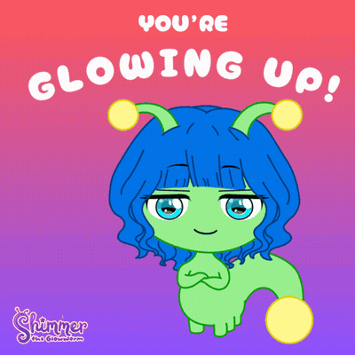 A Cartoon Of A Girl With Blue Hair And The Words " You 'Re Glowing Up " Above Her GIF