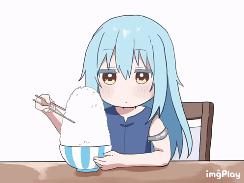 A Cartoon Of A Girl With Blue Hair Eating Rice With Chopsticks From A Bowl GIF