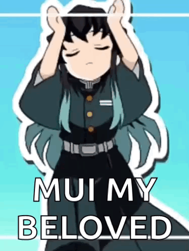 A Cartoon Of A Girl With Blue Hair Is Holding Her Head And Saying `` Mui My Beloved '' . GIF
