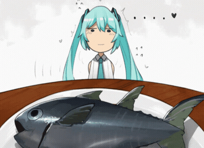 A Cartoon Of A Girl With Blue Hair Looking At A Large Fish On A Plate GIF