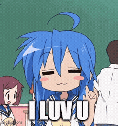 A Cartoon Of A Girl With Blue Hair Saying I Luv U GIF