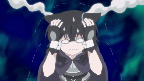 A Cartoon Of A Girl With Cat Ears Holding Her Head With Smoke Coming Out Of Her Head GIF