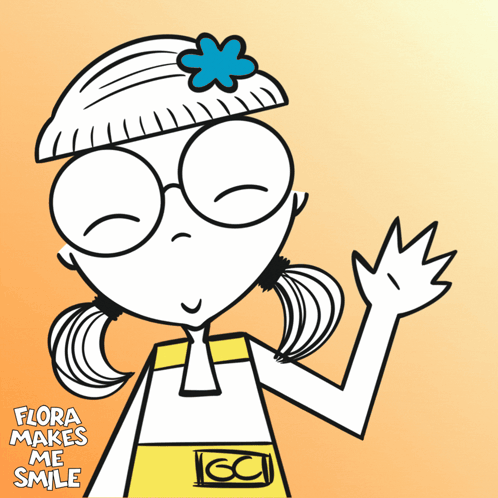 A Cartoon Of A Girl With Glasses And A Flower In Her Hair With The Words Flora Makes Me Smile Below Her GIF