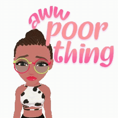A Cartoon Of A Girl With Glasses And The Words " Aww Poor Thing " Behind Her GIF