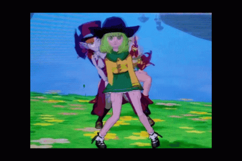A Cartoon Of A Girl With Green Hair And A Purple Hat GIF