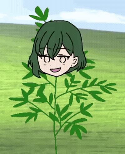 A Cartoon Of A Girl With Green Hair Behind A Plant GIF
