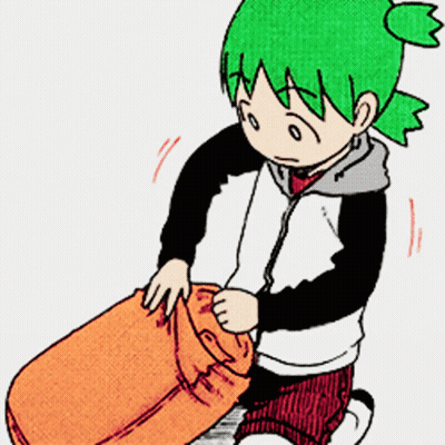 A Cartoon Of A Girl With Green Hair Kneeling Down Holding An Orange Bag GIF