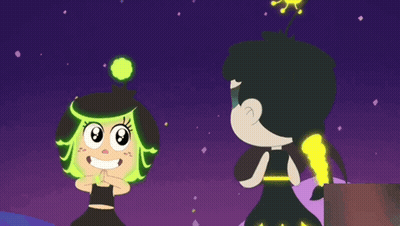 A Cartoon Of A Girl With Green Hair Standing Next To Another Girl With Black Hair GIF