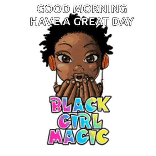 A Cartoon Of A Girl With Headphones And The Words " Good Morning Have A Great Day " GIF