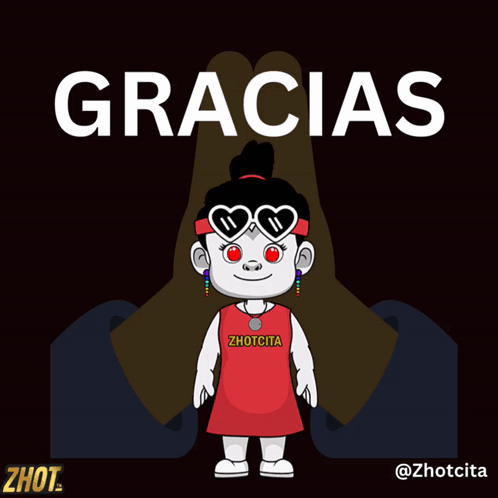 A Cartoon Of A Girl With Hearts On Her Eyes And The Words Gracias Above Her GIF