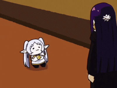 A Cartoon Of A Girl With Long Purple Hair Standing Next To A Small White Elf GIF