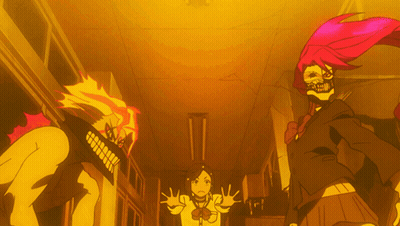 A Cartoon Of A Girl With Long Red Hair Standing Next To A Monster With Teeth GIF