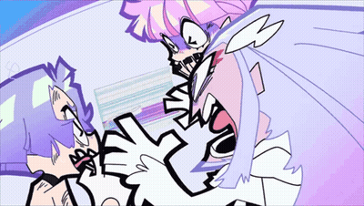 A Cartoon Of A Girl With Purple Hair And A White Dress GIF