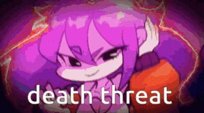A Cartoon Of A Girl With Purple Hair And The Words Death Threat On The Bottom GIF