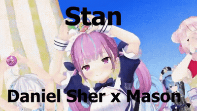 A Cartoon Of A Girl With Purple Hair And The Words " Stan Daniel Sher X Mason " GIF