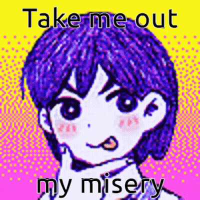 A Cartoon Of A Girl With Purple Hair And The Words Take Me Out My Misery . GIF