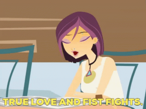 A Cartoon Of A Girl With Purple Hair And The Words True Love And Fist Fights Below Her GIF