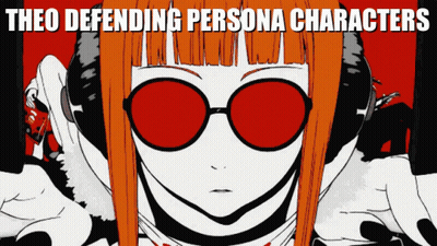 A Cartoon Of A Girl With Red Glasses And The Words " Theo Defending Persona Characters " GIF
