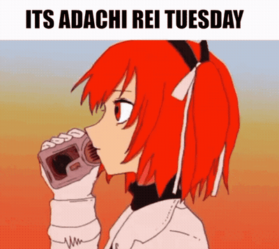 A Cartoon Of A Girl With Red Hair Drinking From A Bottle With The Words Its Adachi Rei Tuesday Below Her GIF