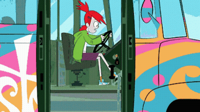 A Cartoon Of A Girl With Red Hair Driving A Colorful Bus GIF