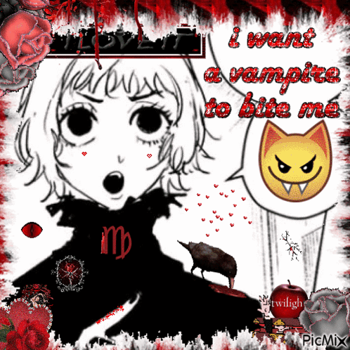 A Cartoon Of A Girl With The Letter M On Her Shirt Says I Want A Vampire To Bite Me GIF