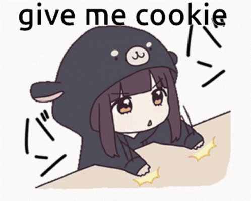 A Cartoon Of A Girl With The Words Give Me Cookie Written On The Bottom GIF