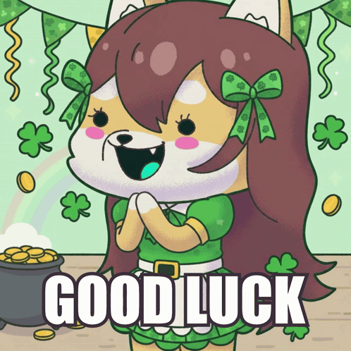 A Cartoon Of A Girl With The Words Good Luck Written On The Bottom GIF