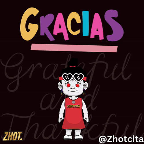 A Cartoon Of A Girl With The Words Gracias Grateful Thankful Behind Her GIF