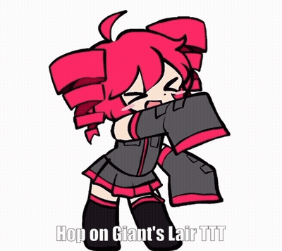 A Cartoon Of A Girl With The Words Hop On Giant 'S Lair Ttt Below Her GIF