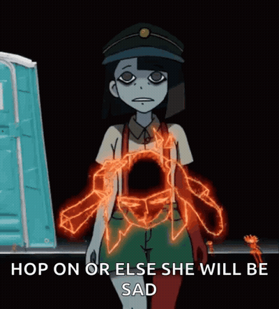 A Cartoon Of A Girl With The Words Hop On Or Else She Will Be Sad Written On The Bottom GIF