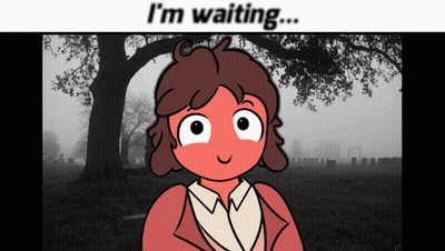 A Cartoon Of A Girl With The Words " I 'M Waiting " Behind Her GIF