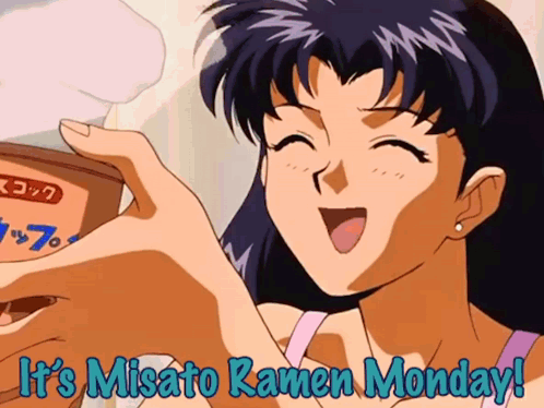 A Cartoon Of A Girl With The Words It 'S Misato Ramen Monday Above Her GIF
