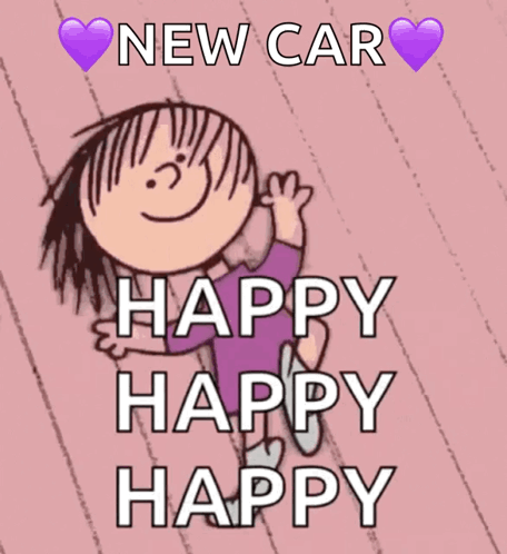 A Cartoon Of A Girl With The Words " New Car Happy Happy Happy " GIF